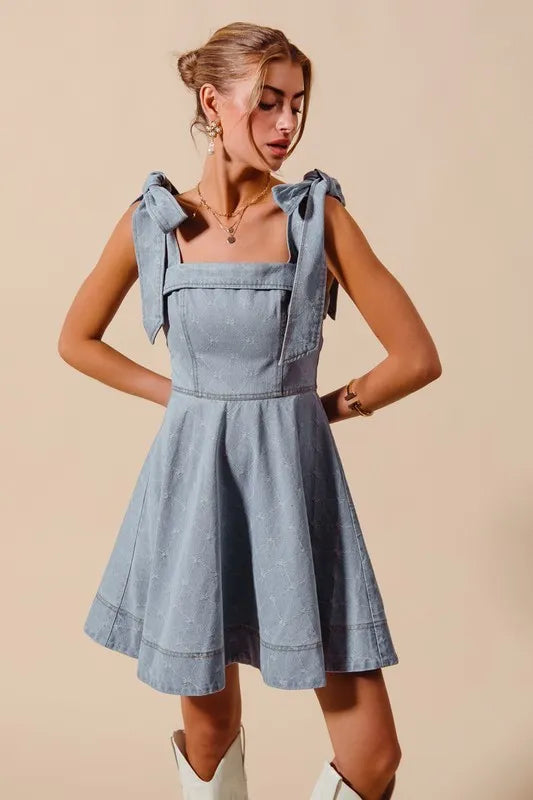 SO ME A Line Fit and Flare Diamond Bow Ribbon Denim Dres-Dresses-Trendsi-[option4]-[option5]-[option6]-[option7]-[option8]-Shop-Boutique-Clothing-for-Women-Online