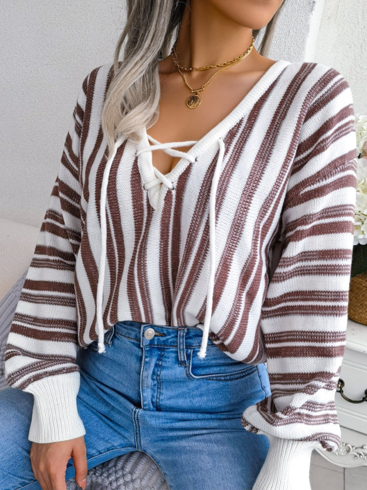 Striped Lace-Up Long Sleeve Sweater-Trendsi-[option4]-[option5]-[option6]-[option7]-[option8]-Shop-Boutique-Clothing-for-Women-Online