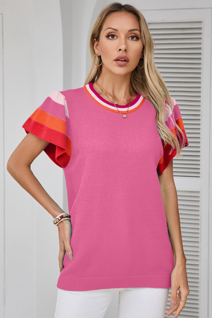 Color Block Round Neck Knit Top-Trendsi-Pink-S-[option4]-[option5]-[option6]-[option7]-[option8]-Shop-Boutique-Clothing-for-Women-Online