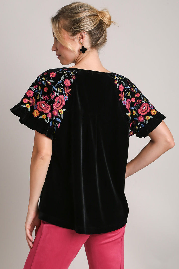 Umgee Velvet Embroidery Short Sleeve Blouse-Trendsi-[option4]-[option5]-[option6]-[option7]-[option8]-Shop-Boutique-Clothing-for-Women-Online