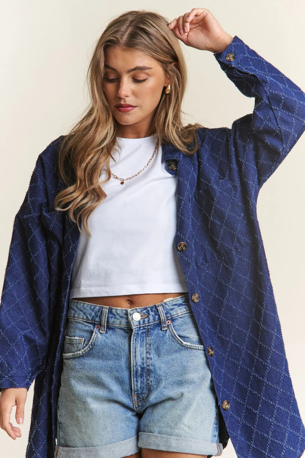 J.NNA Rhombus Stitched Button Up Denim Shacket-Womens Outerwear/Shacket-Trendsi-[option4]-[option5]-[option6]-[option7]-[option8]-Shop-Boutique-Clothing-for-Women-Online