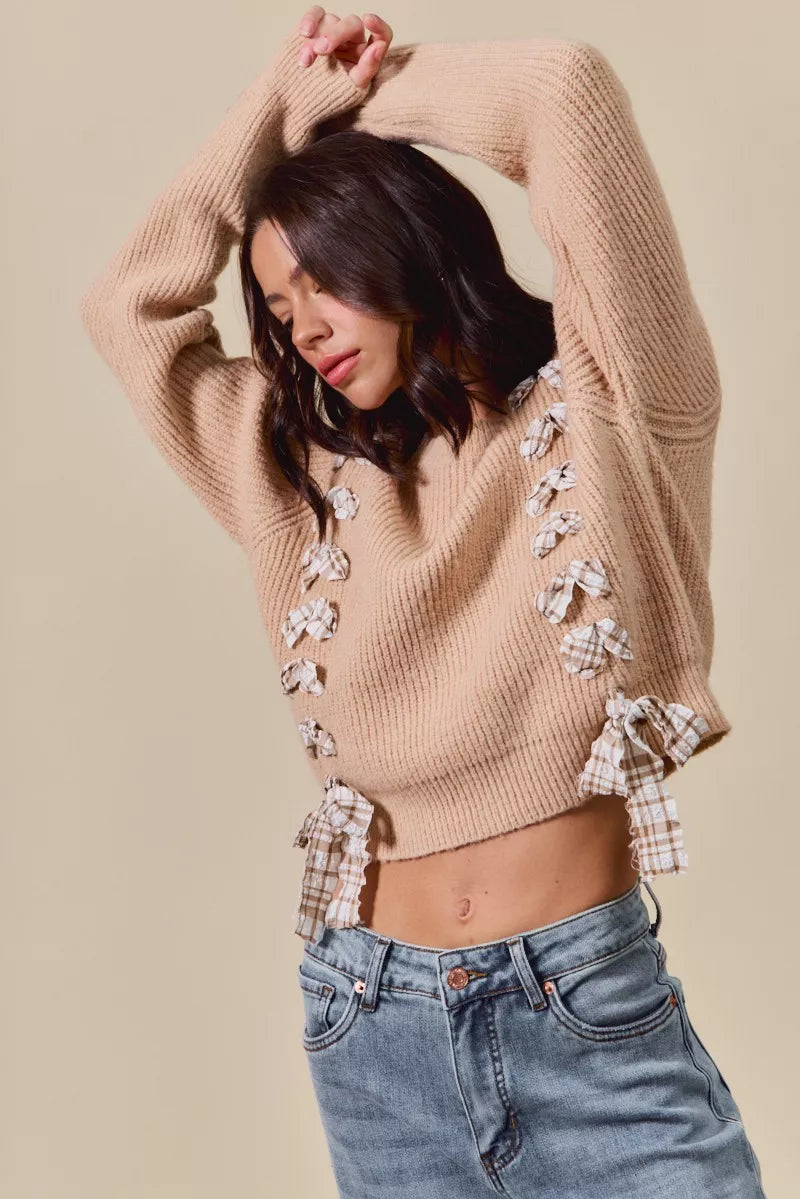 SO ME Checkered Plaid Tape Lace Up Ribbed Sweater-Sweaters-Trendsi-[option4]-[option5]-[option6]-[option7]-[option8]-Shop-Boutique-Clothing-for-Women-Online