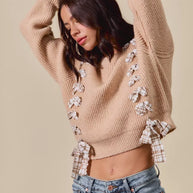 SO ME Checkered Plaid Tape Lace Up Ribbed Sweater-Sweaters-Trendsi-[option4]-[option5]-[option6]-[option7]-[option8]-Shop-Boutique-Clothing-for-Women-Online