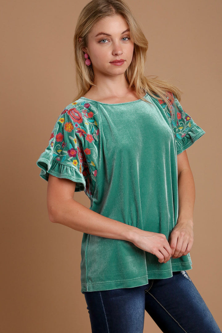 Umgee Velvet Embroidery Short Sleeve Blouse-Trendsi-[option4]-[option5]-[option6]-[option7]-[option8]-Shop-Boutique-Clothing-for-Women-Online