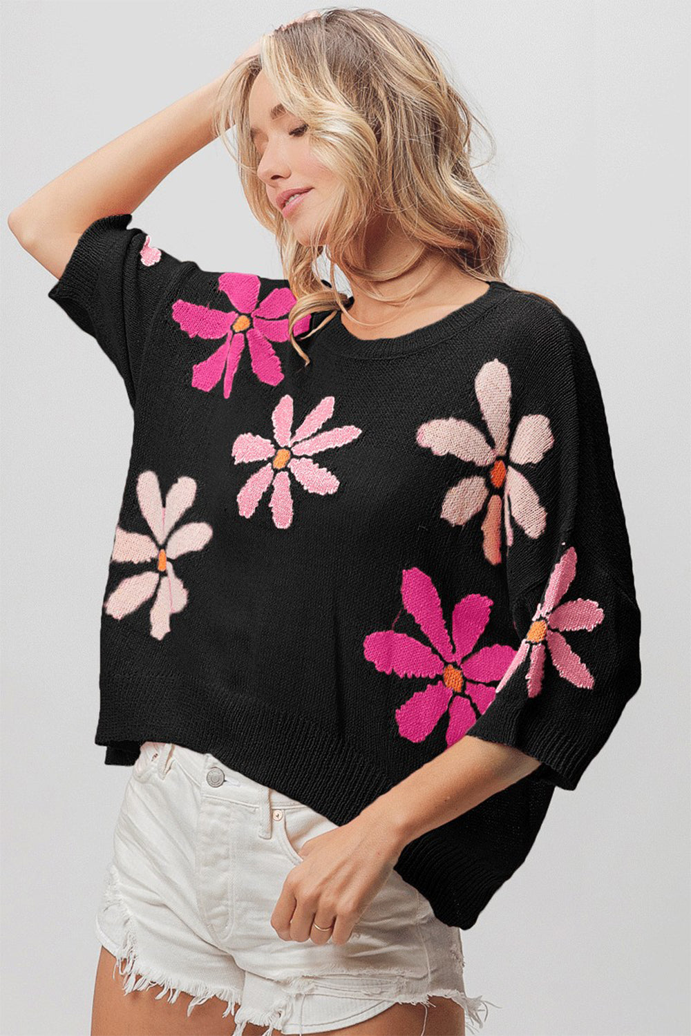 BiBi Floral Pattern Cropped Sweater-Trendsi-Black/Pink/Fuchsia-S-[option4]-[option5]-[option6]-[option7]-[option8]-Shop-Boutique-Clothing-for-Women-Online