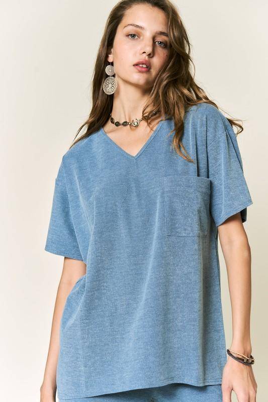 Petal Dew Solid V Neck Short Sleeve Loose Fit T-Shirt-T-shirts-Kiwidrop-Denim Blue-S-[option4]-[option5]-[option6]-[option7]-[option8]-Shop-Boutique-Clothing-for-Women-Online