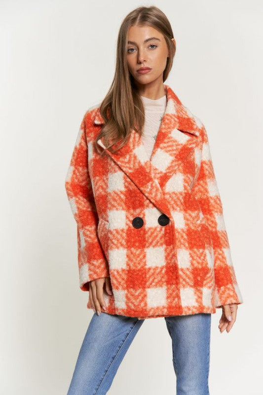 Davi & Dani Fuzzy Boucle Textured Double Breasted Coat Jacket-Davi & Dani-Orange-S-[option4]-[option5]-[option6]-[option7]-[option8]-Shop-Boutique-Clothing-for-Women-Online