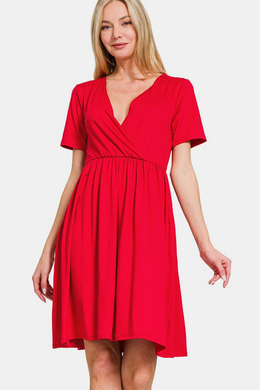 Zenana Surplice Short Sleeve Brushed DTY Dress-Trendsi-Red-S-[option4]-[option5]-[option6]-[option7]-[option8]-Shop-Boutique-Clothing-for-Women-Online