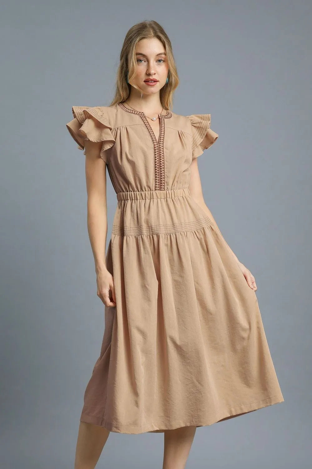Umgee Ruffled Cap Sleeve Midi Dress with Contrast Trim Detail-Dresses-Trendsi-[option4]-[option5]-[option6]-[option7]-[option8]-Shop-Boutique-Clothing-for-Women-Online