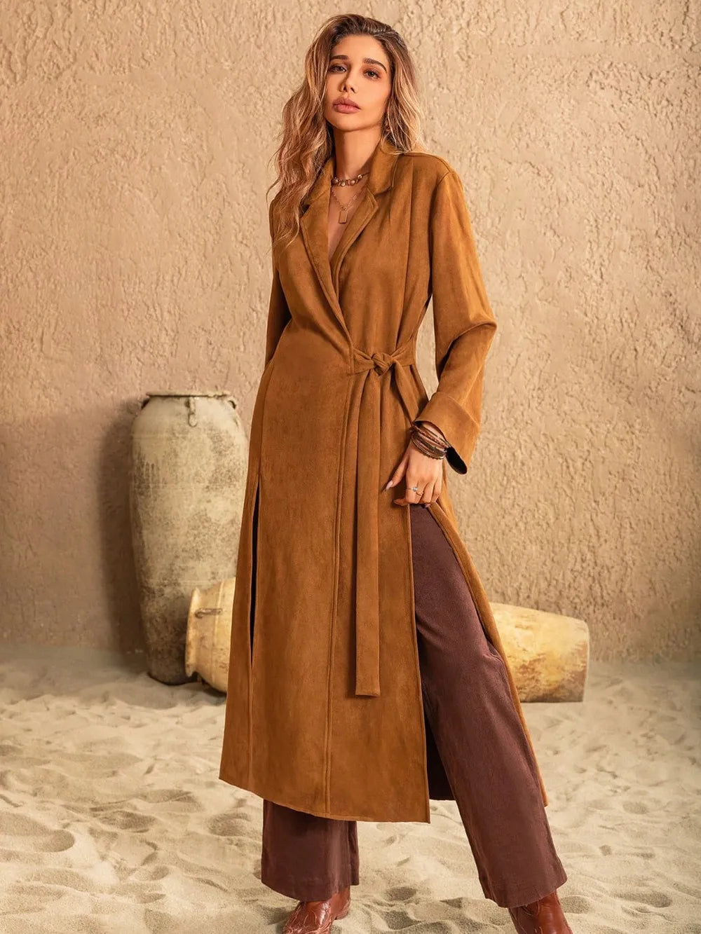 Slit Tied Collared Neck Longline Coat-Coats & Jackets-Trendsi-[option4]-[option5]-[option6]-[option7]-[option8]-Shop-Boutique-Clothing-for-Women-Online