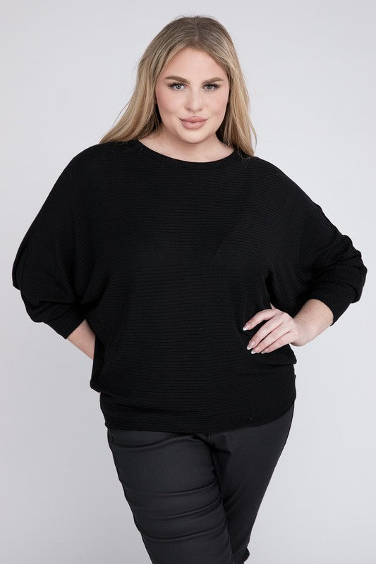 Zenana Plus Ribbed Batwing Long Sleeve Boat Neck Sweater-ZENANA-[option4]-[option5]-[option6]-[option7]-[option8]-Shop-Boutique-Clothing-for-Women-Online