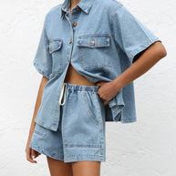 Button Up Short Sleeve Top and Shorts Denim Set-Sets-Trendsi-[option4]-[option5]-[option6]-[option7]-[option8]-Shop-Boutique-Clothing-for-Women-Online