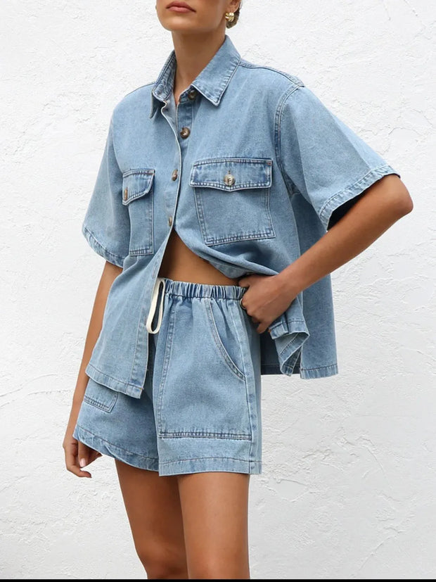 Button Up Short Sleeve Top and Shorts Denim Set-Sets-Trendsi-[option4]-[option5]-[option6]-[option7]-[option8]-Shop-Boutique-Clothing-for-Women-Online