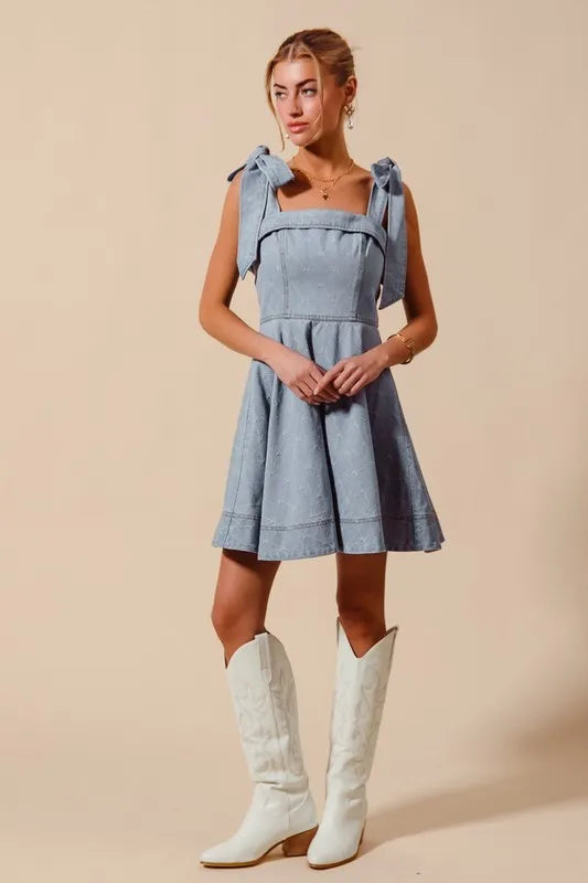 SO ME A Line Fit and Flare Diamond Bow Ribbon Denim Dres-Dresses-Trendsi-[option4]-[option5]-[option6]-[option7]-[option8]-Shop-Boutique-Clothing-for-Women-Online
