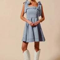 SO ME A Line Fit and Flare Diamond Bow Ribbon Denim Dres-Dresses-Trendsi-[option4]-[option5]-[option6]-[option7]-[option8]-Shop-Boutique-Clothing-for-Women-Online