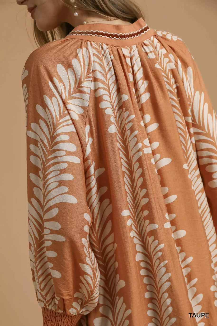 Umgee Leaf Print Notched Mini Babydoll Dress-Dresses-Trendsi-[option4]-[option5]-[option6]-[option7]-[option8]-Shop-Boutique-Clothing-for-Women-Online