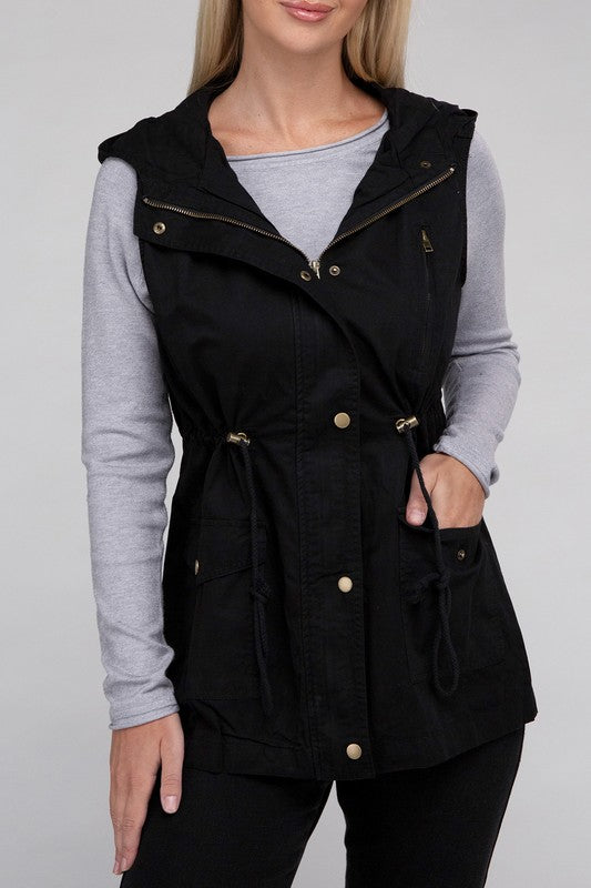 Zenana Drawstring Waist Military Hoodie Vest-ZENANA-BLACK-S-[option4]-[option5]-[option6]-[option7]-[option8]-Shop-Boutique-Clothing-for-Women-Online