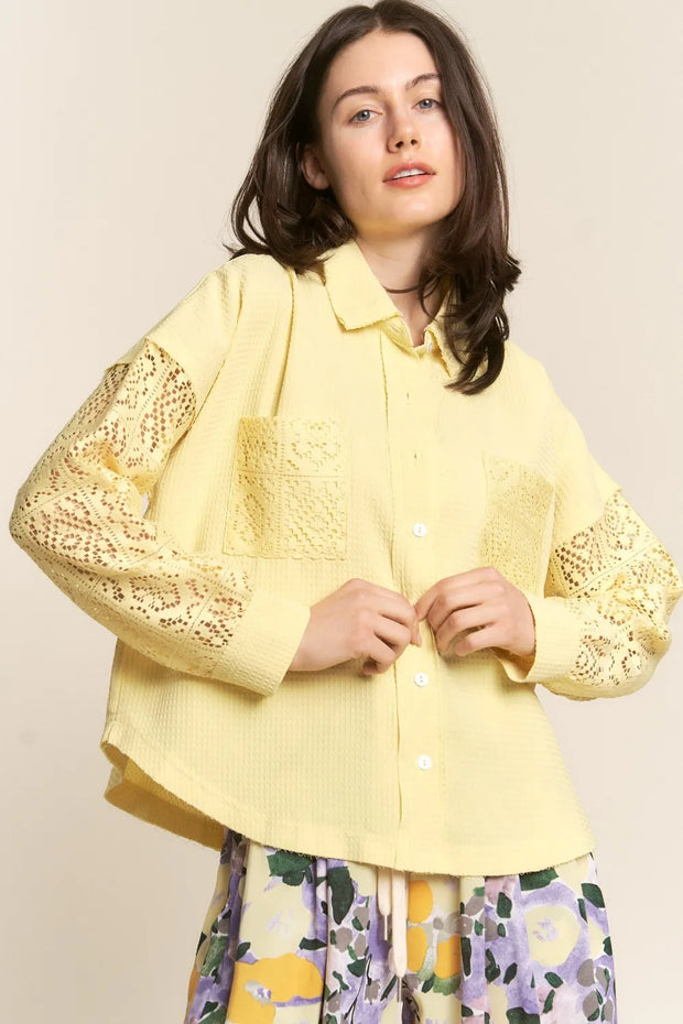 J.NNA Button Down Lace Long Sleeve Waffle Shirt-Blouses-Trendsi-[option4]-[option5]-[option6]-[option7]-[option8]-Shop-Boutique-Clothing-for-Women-Online