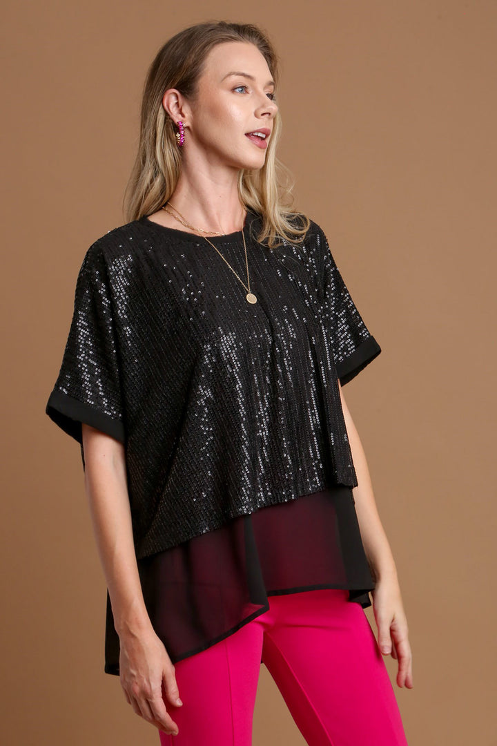 Umgee Sequin Half Sleeve Layered Blouse-Trendsi-Black-S-[option4]-[option5]-[option6]-[option7]-[option8]-Shop-Boutique-Clothing-for-Women-Online