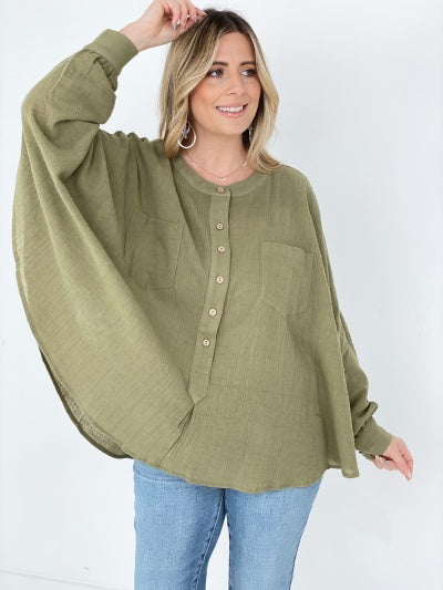 Easel Textured Cotton Linen Oversized Top-Blouses-Kiwidrop-Olive Green-S-[option4]-[option5]-[option6]-[option7]-[option8]-Shop-Boutique-Clothing-for-Women-Online