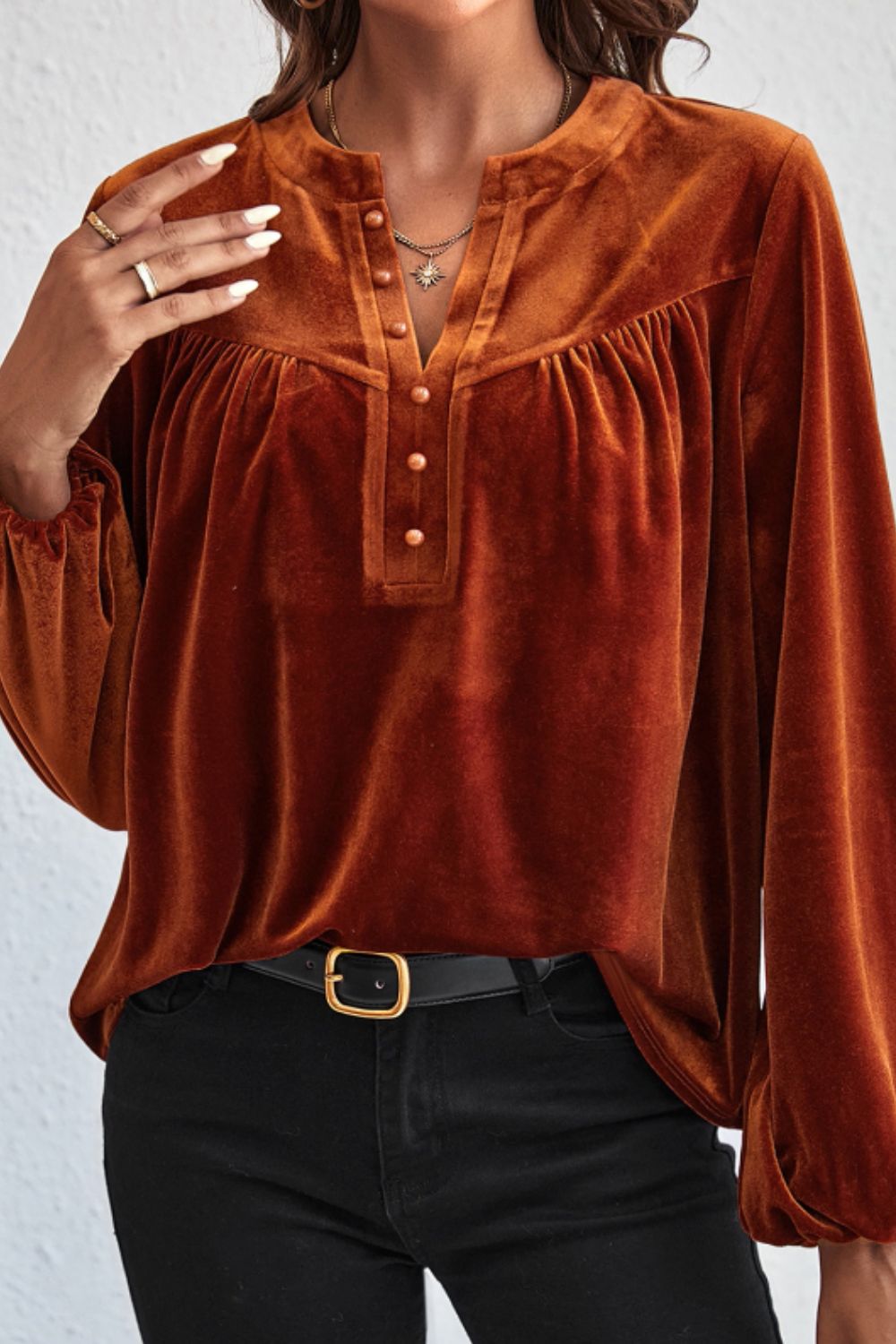 Notched Long Sleeve Velvet Top-Trendsi-[option4]-[option5]-[option6]-[option7]-[option8]-Shop-Boutique-Clothing-for-Women-Online