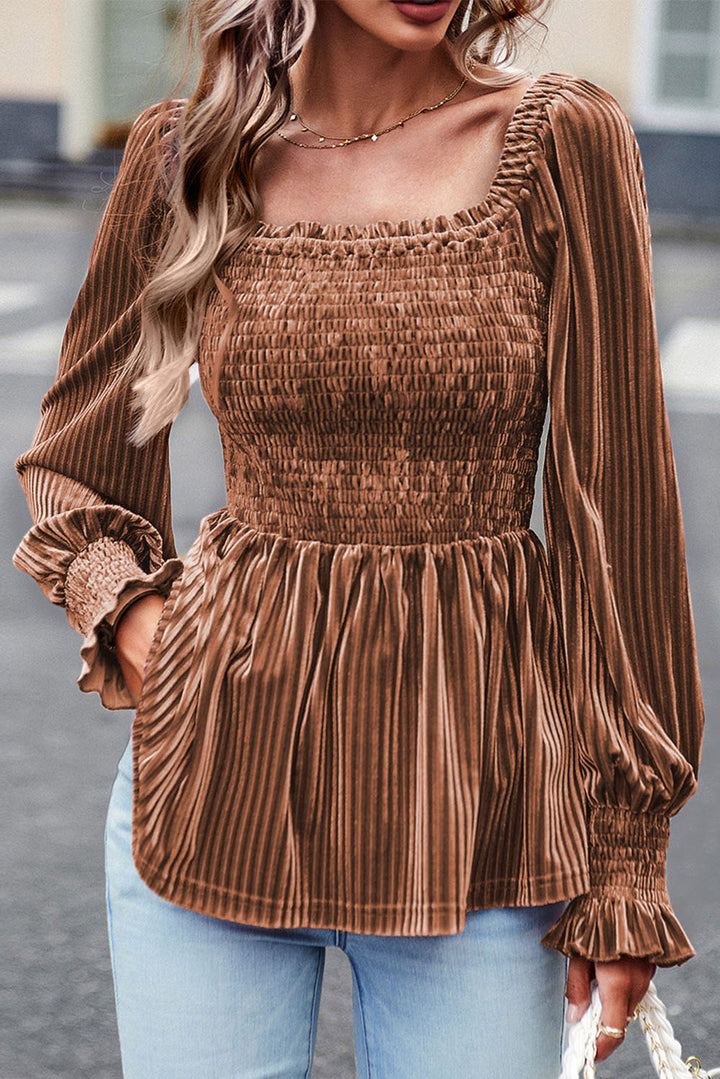 Smocked Ribbed Velvet Babydoll Top-Trendsi-Brown-S-[option4]-[option5]-[option6]-[option7]-[option8]-Shop-Boutique-Clothing-for-Women-Online