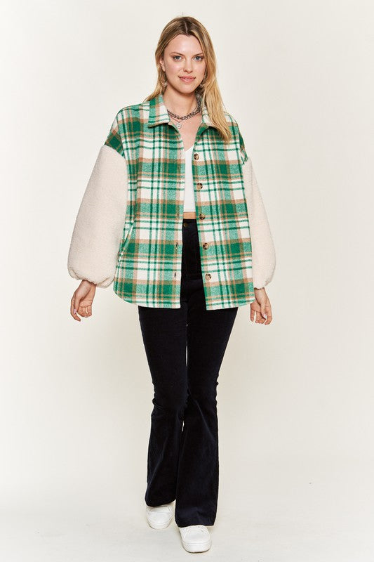 Multi plaid fuzzy sleeve jacket PLUS SIZE-Jade By Jane-[option4]-[option5]-[option6]-[option7]-[option8]-Shop-Boutique-Clothing-for-Women-Online
