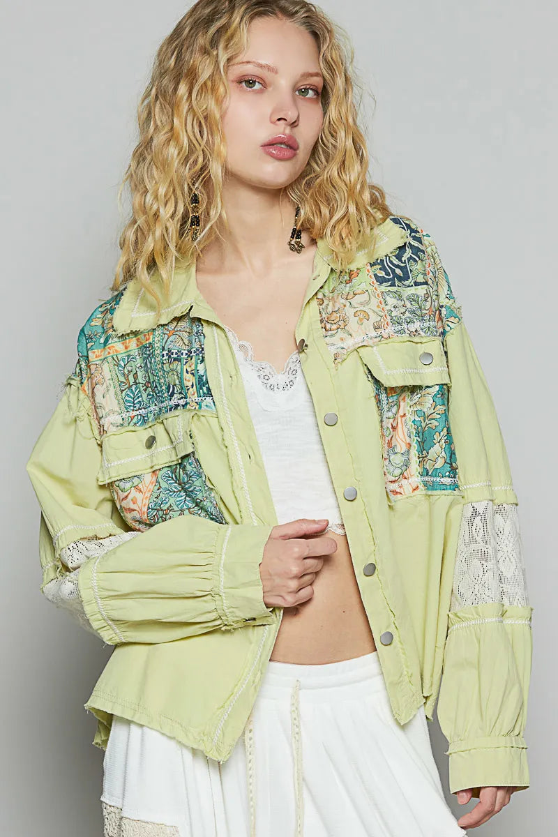 POL Printed Woven Mix Raw Hem Jacket with Lace Detail-Jacket-Trendsi-[option4]-[option5]-[option6]-[option7]-[option8]-Shop-Boutique-Clothing-for-Women-Online