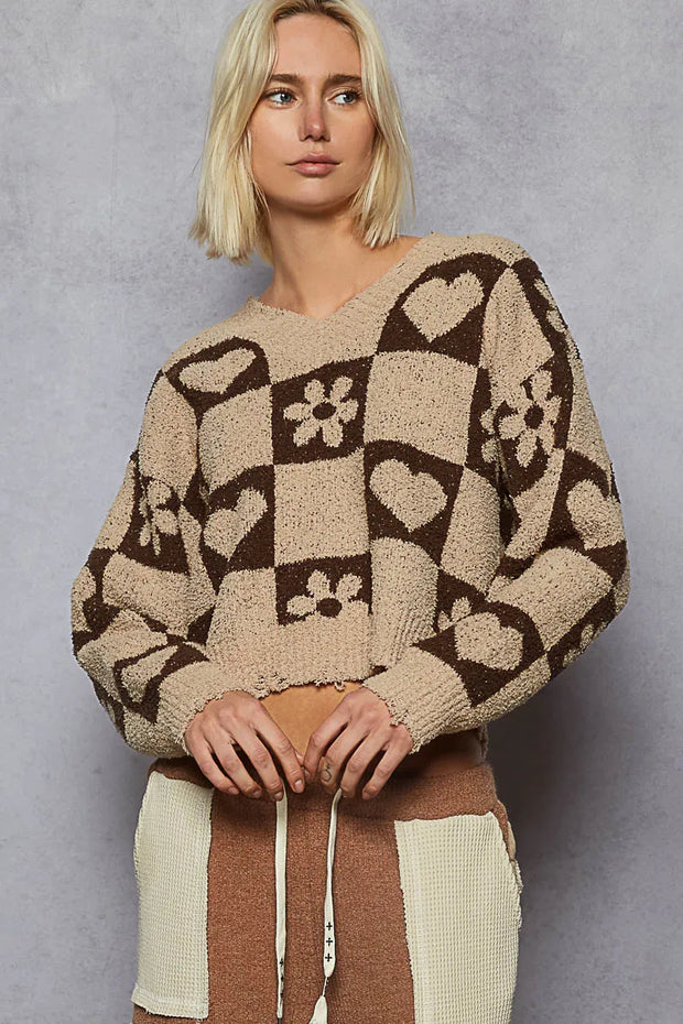 POL V-Neck Heart Pattern Checkered Sweater-Sweaters-Trendsi-[option4]-[option5]-[option6]-[option7]-[option8]-Shop-Boutique-Clothing-for-Women-Online