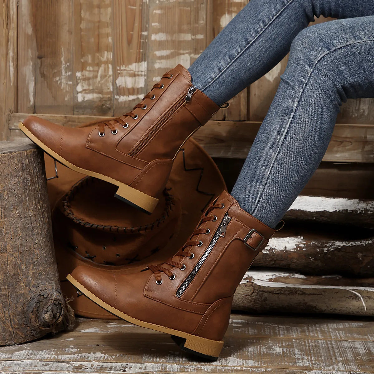 Round Toe Lace Up Block Heels Boots-110 Fashion Boots-Trendsi-[option4]-[option5]-[option6]-[option7]-[option8]-Shop-Boutique-Clothing-for-Women-Online