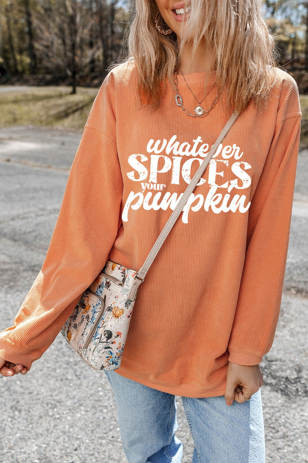 Whatever Spices Your Pumpkin Round Neck Long Sleeve Ribbed Sweatshirt-Trendsi-[option4]-[option5]-[option6]-[option7]-[option8]-Shop-Boutique-Clothing-for-Women-Online