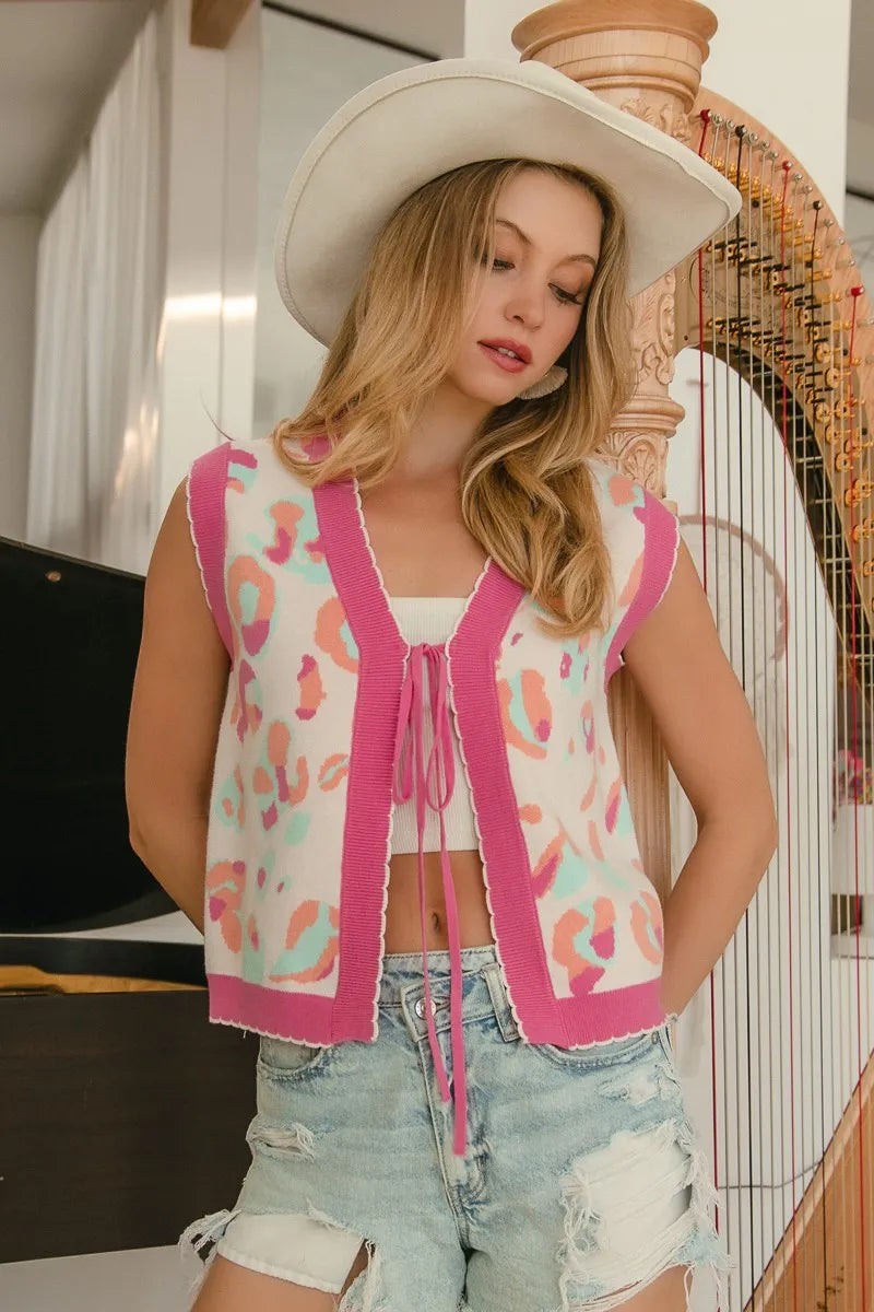 BiBi Leopard Sweater Vest With Front Tie and Scallop Detail-Trendsi-[option4]-[option5]-[option6]-[option7]-[option8]-Shop-Boutique-Clothing-for-Women-Online