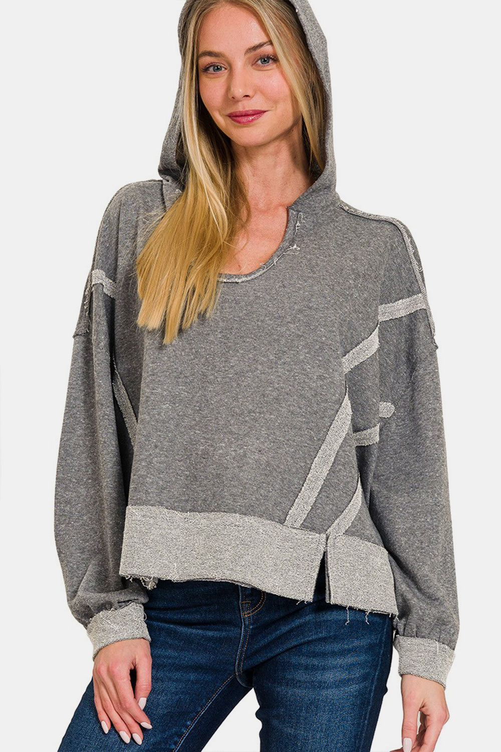 Zenana Contrast Trim Slit Hoodie-Trendsi-Dark Gray-S/M-[option4]-[option5]-[option6]-[option7]-[option8]-Shop-Boutique-Clothing-for-Women-Online