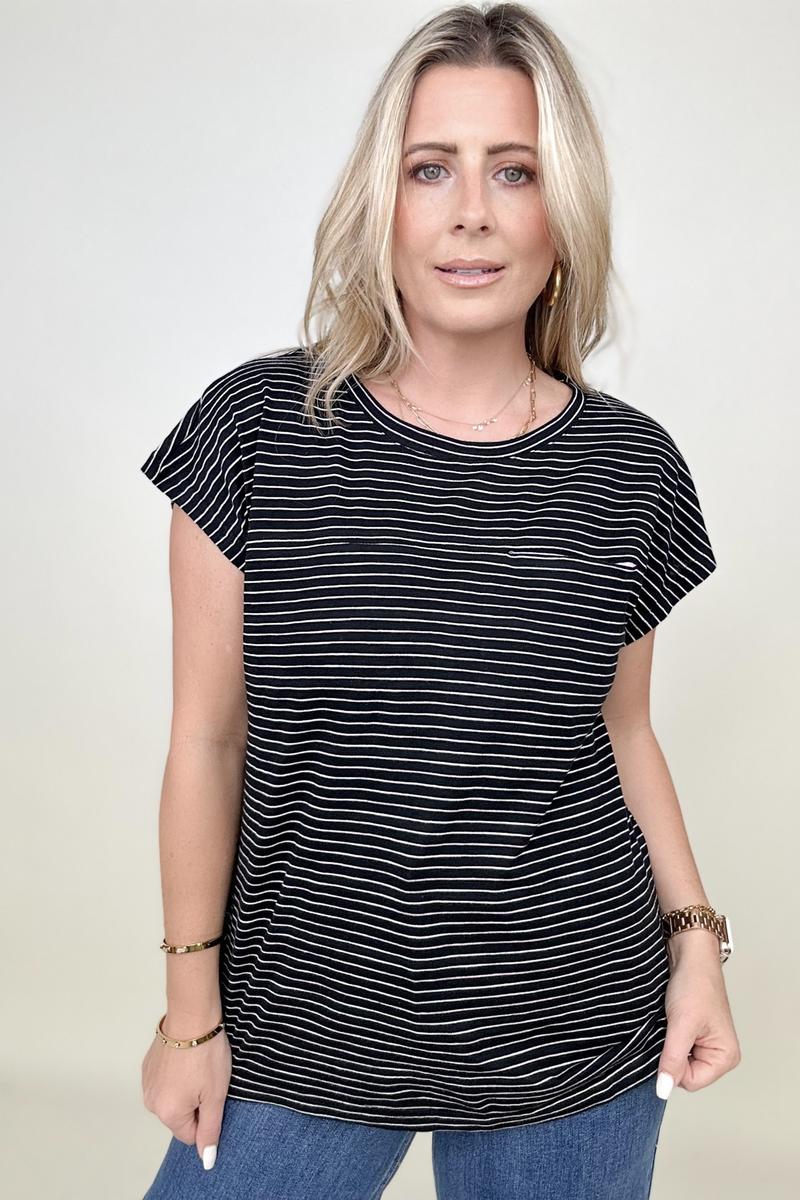 Cotton Bleu Striped Casual Top With Contrast Pocket Detailed-T-shirts-Kiwidrop-Black Multi-S-[option4]-[option5]-[option6]-[option7]-[option8]-Shop-Boutique-Clothing-for-Women-Online