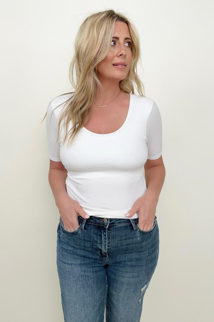 New Colors! - Fawnfit Basic Ribbed Fitted Tee with Built In Bra-T-shirts-Kiwidrop-White-S-[option4]-[option5]-[option6]-[option7]-[option8]-Shop-Boutique-Clothing-for-Women-Online