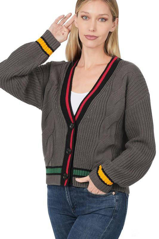 Zenana Contrast Trim Cable Knit Cardigan-Cardigans-Kiwidrop-Ash Grey-S-[option4]-[option5]-[option6]-[option7]-[option8]-Shop-Boutique-Clothing-for-Women-Online