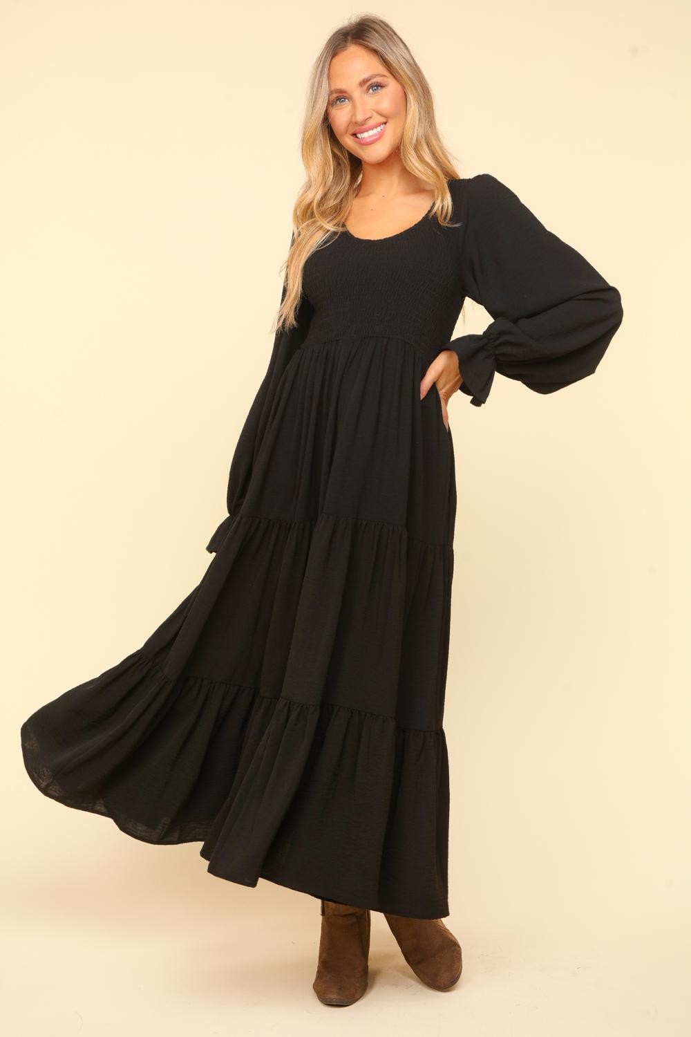 Smocking Maxi Woven Dress with Side Pockets in Black-Womens-Ave Shops-[option4]-[option5]-[option6]-[option7]-[option8]-Shop-Boutique-Clothing-for-Women-Online