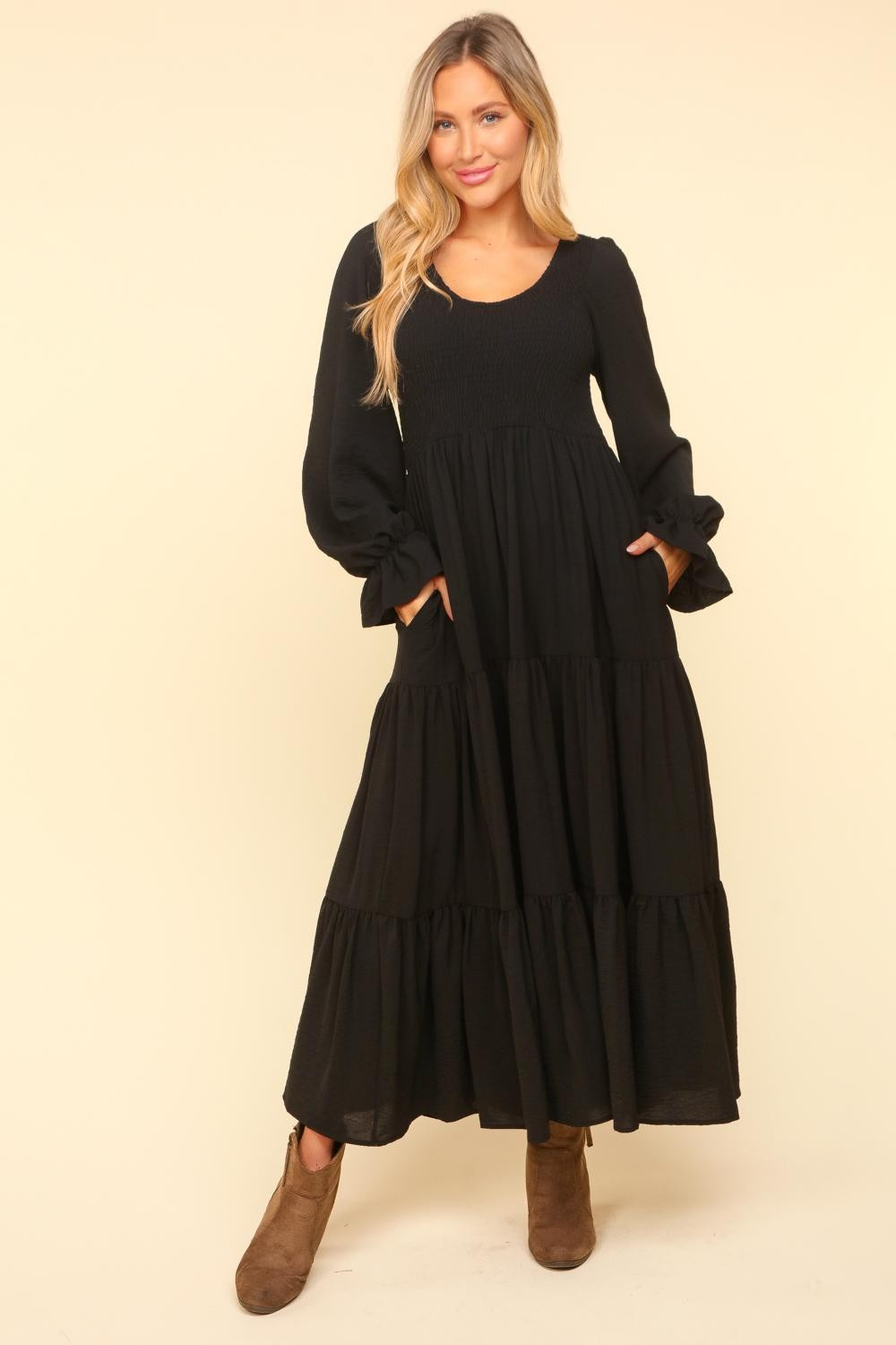 Smocking Maxi Woven Dress with Side Pockets in Black-Womens-Ave Shops-[option4]-[option5]-[option6]-[option7]-[option8]-Shop-Boutique-Clothing-for-Women-Online