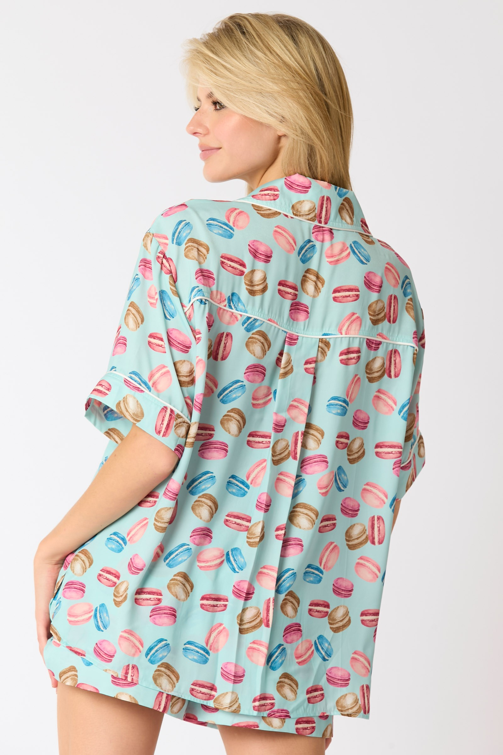Poly Satin Macarons Printed Pajama Shirt-Tops-Ave Shops-[option4]-[option5]-[option6]-[option7]-[option8]-Shop-Boutique-Clothing-for-Women-Online