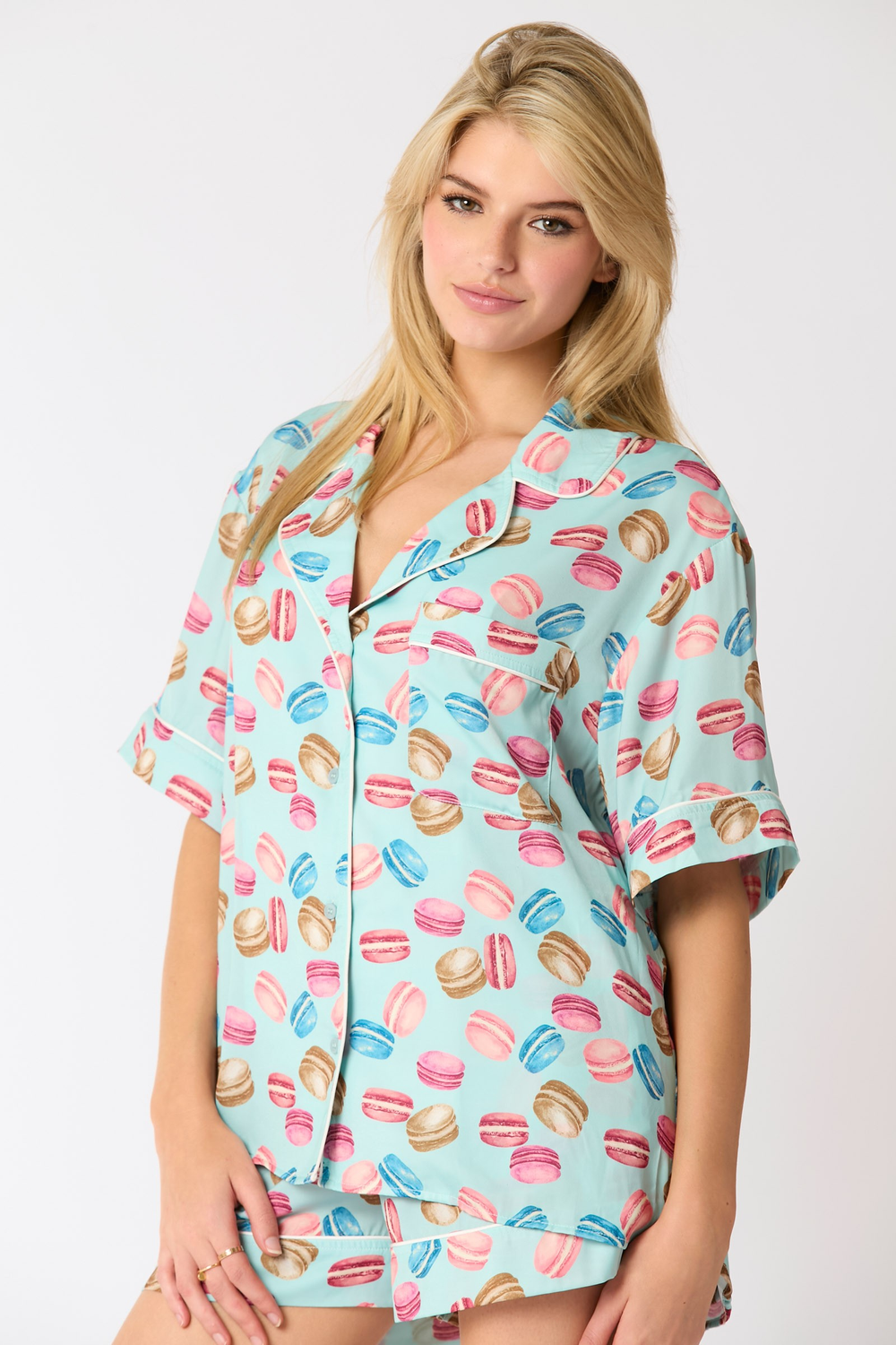 Poly Satin Macarons Printed Pajama Shirt-Tops-Ave Shops-[option4]-[option5]-[option6]-[option7]-[option8]-Shop-Boutique-Clothing-for-Women-Online