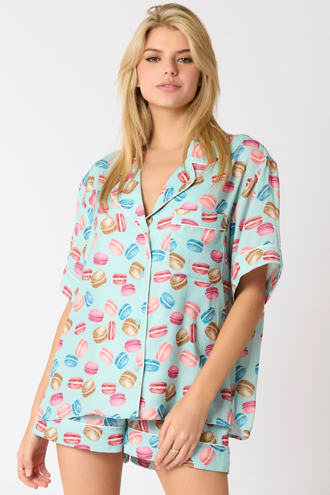 Poly Satin Macarons Printed Pajama Shirt-Tops-Ave Shops-[option4]-[option5]-[option6]-[option7]-[option8]-Shop-Boutique-Clothing-for-Women-Online