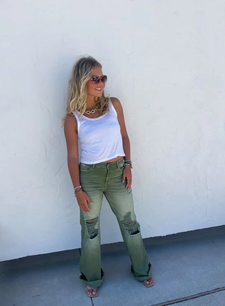 Blakeley Distressed Jeans In Olive and Camel-Preorder-Ave Shops-[option4]-[option5]-[option6]-[option7]-[option8]-Shop-Boutique-Clothing-for-Women-Online