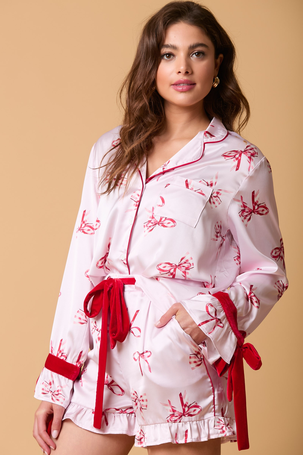 Satin Pajama Top with Bow on the Cuffs-Tops-Ave Shops-[option4]-[option5]-[option6]-[option7]-[option8]-Shop-Boutique-Clothing-for-Women-Online