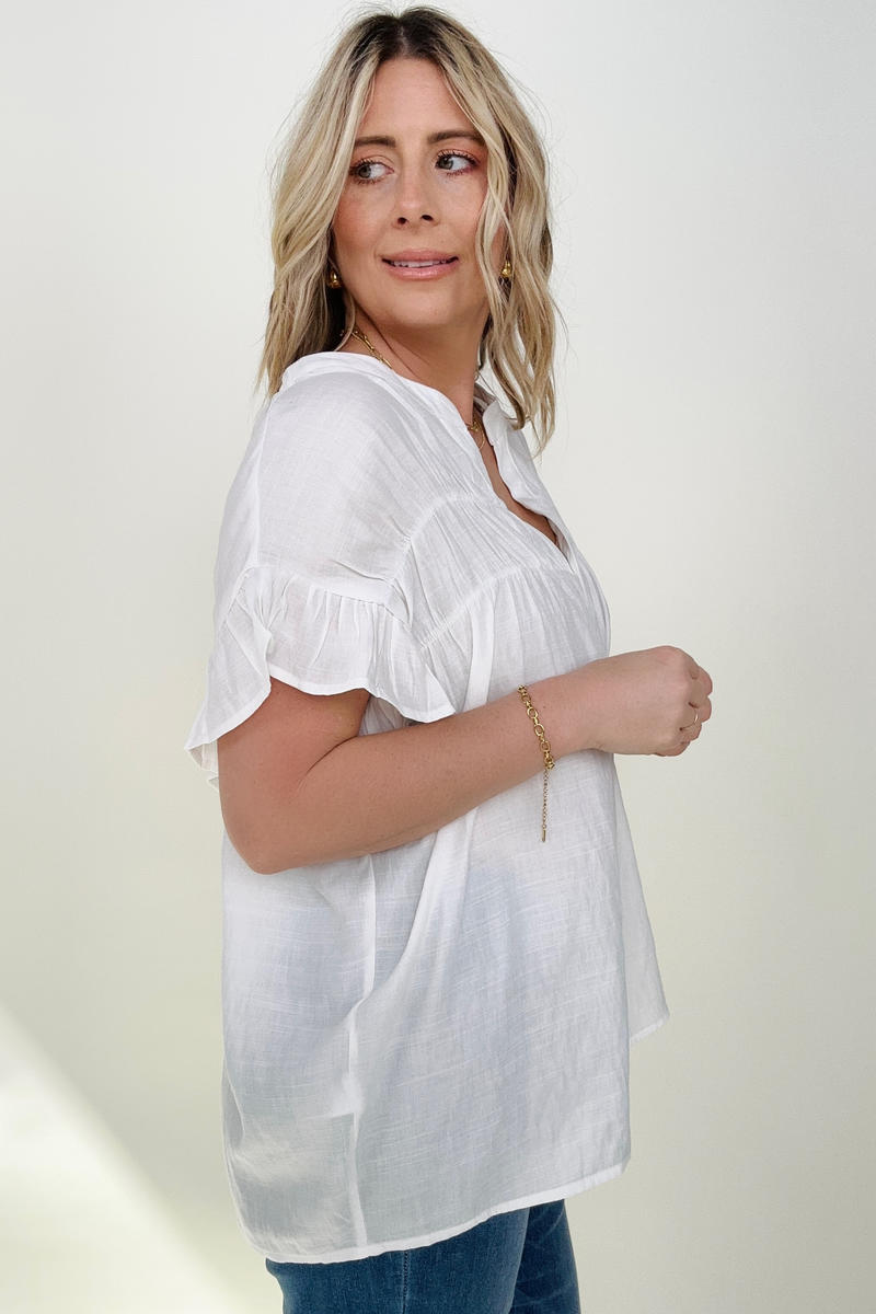 Cozy Co Woven Button Down Ruffle Sleeve Top-Blouses-Kiwidrop-[option4]-[option5]-[option6]-[option7]-[option8]-Shop-Boutique-Clothing-for-Women-Online