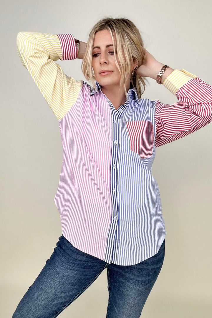 Davi & Dani Multicolor Mixed Stripe Button Front Top-Blouses-Kiwidrop-Pink Blue-S-[option4]-[option5]-[option6]-[option7]-[option8]-Shop-Boutique-Clothing-for-Women-Online