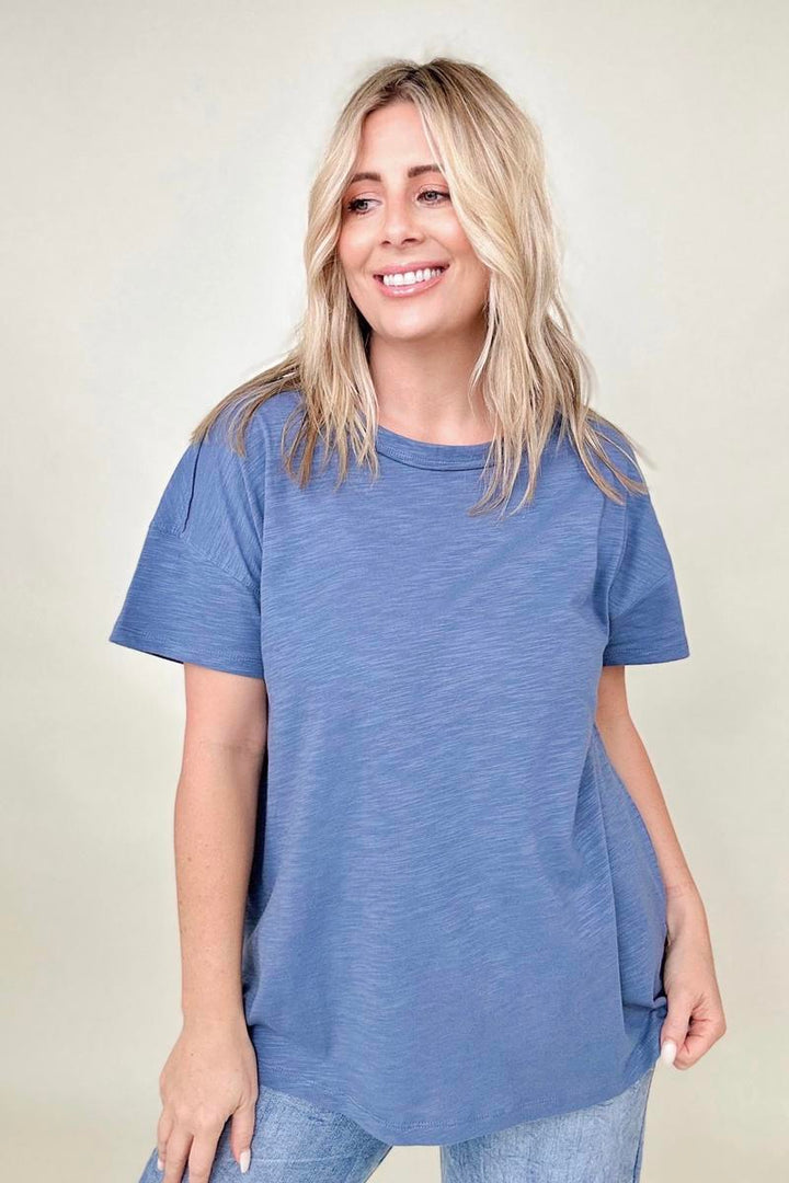 Cotton Bleu Washed Cotton Slub Tee Shirt-T-shirts-Kiwidrop-Denim-S-[option4]-[option5]-[option6]-[option7]-[option8]-Shop-Boutique-Clothing-for-Women-Online