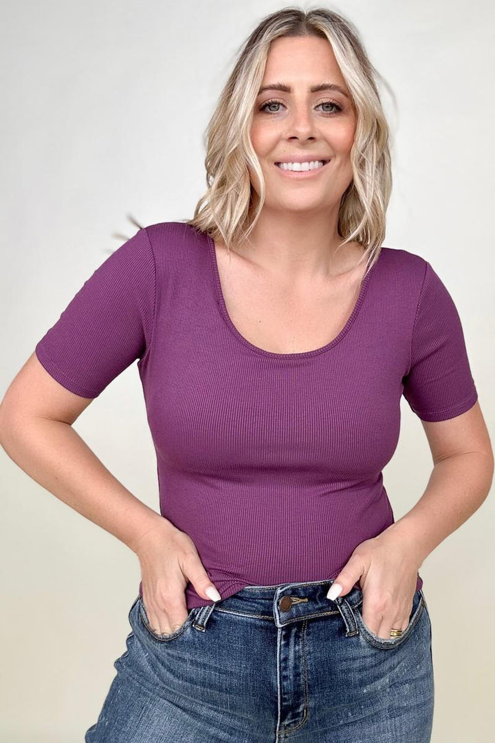 New Colors! - Fawnfit Basic Ribbed Fitted Tee with Built In Bra-T-shirts-Kiwidrop-Plum-S-[option4]-[option5]-[option6]-[option7]-[option8]-Shop-Boutique-Clothing-for-Women-Online