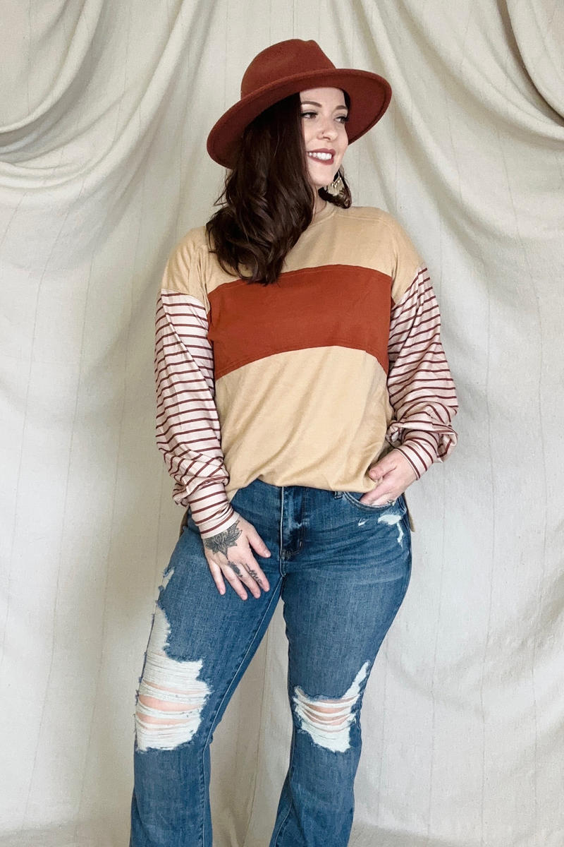 Round Neck Colorblock Striped Bishop Sleeve Top-T-shirts-Kiwidrop-[option4]-[option5]-[option6]-[option7]-[option8]-Shop-Boutique-Clothing-for-Women-Online