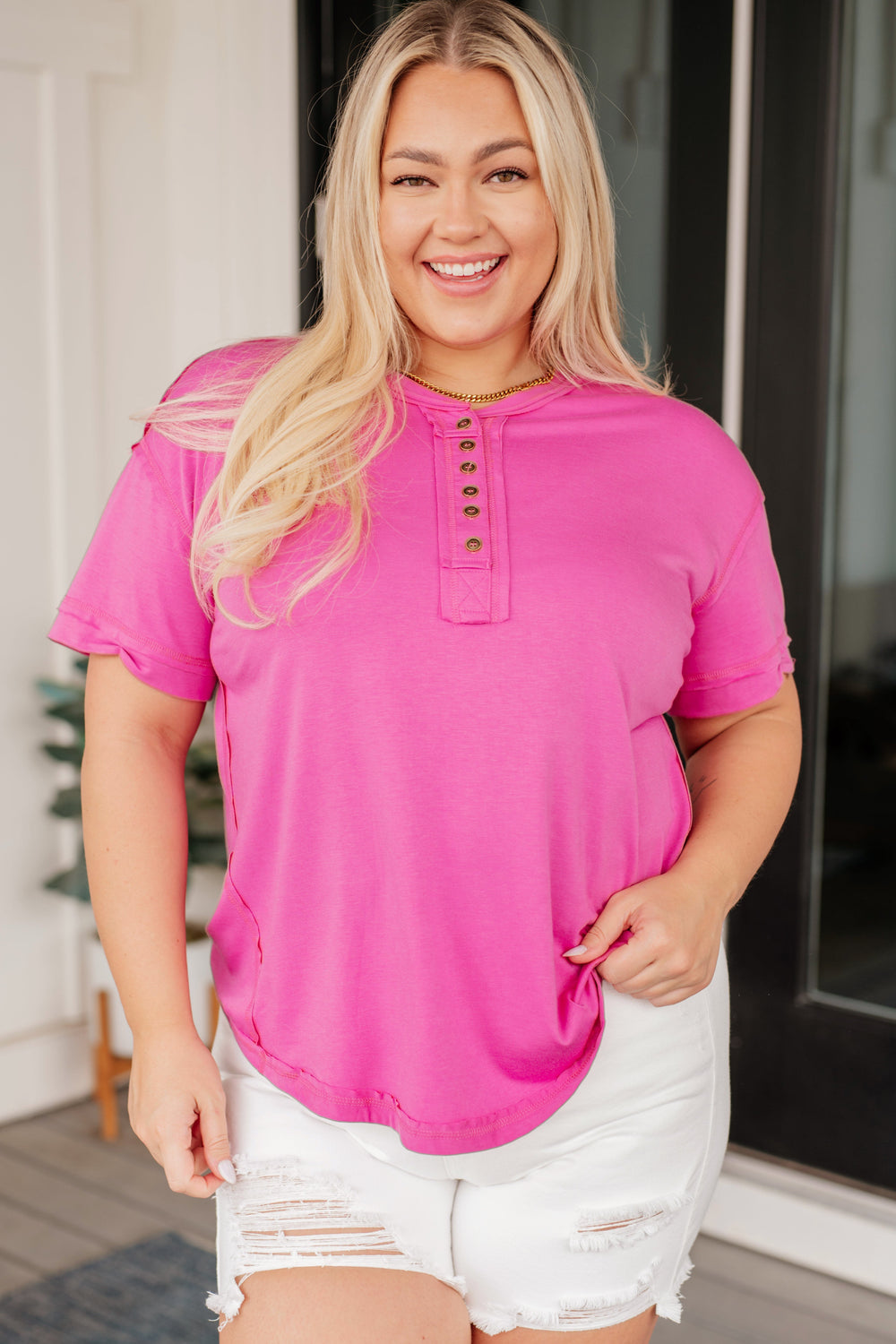 On A Whim Pink Raw Hem Henley Tee-Tops-The Bee Chic Boutique-[option4]-[option5]-[option6]-[option7]-[option8]-Shop-Boutique-Clothing-for-Women-Online