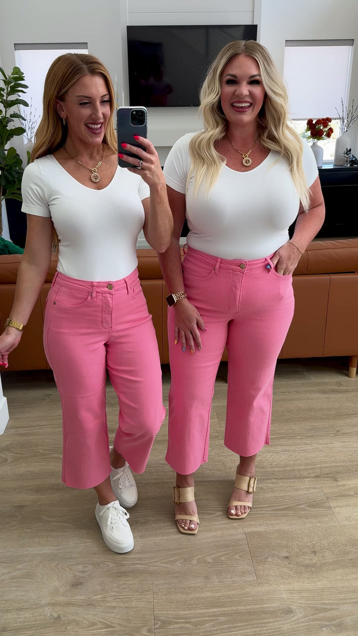 Judy Blue Lisa High Rise Control Top Wide Leg Crop Jeans in Pink